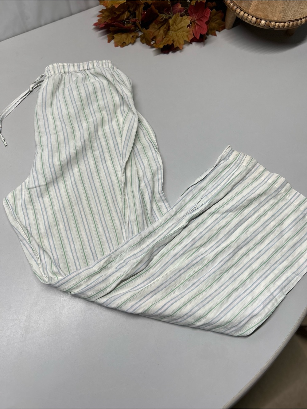 Victoria's Secret White Drawstring women’s Pants with Green and Blue Stripes